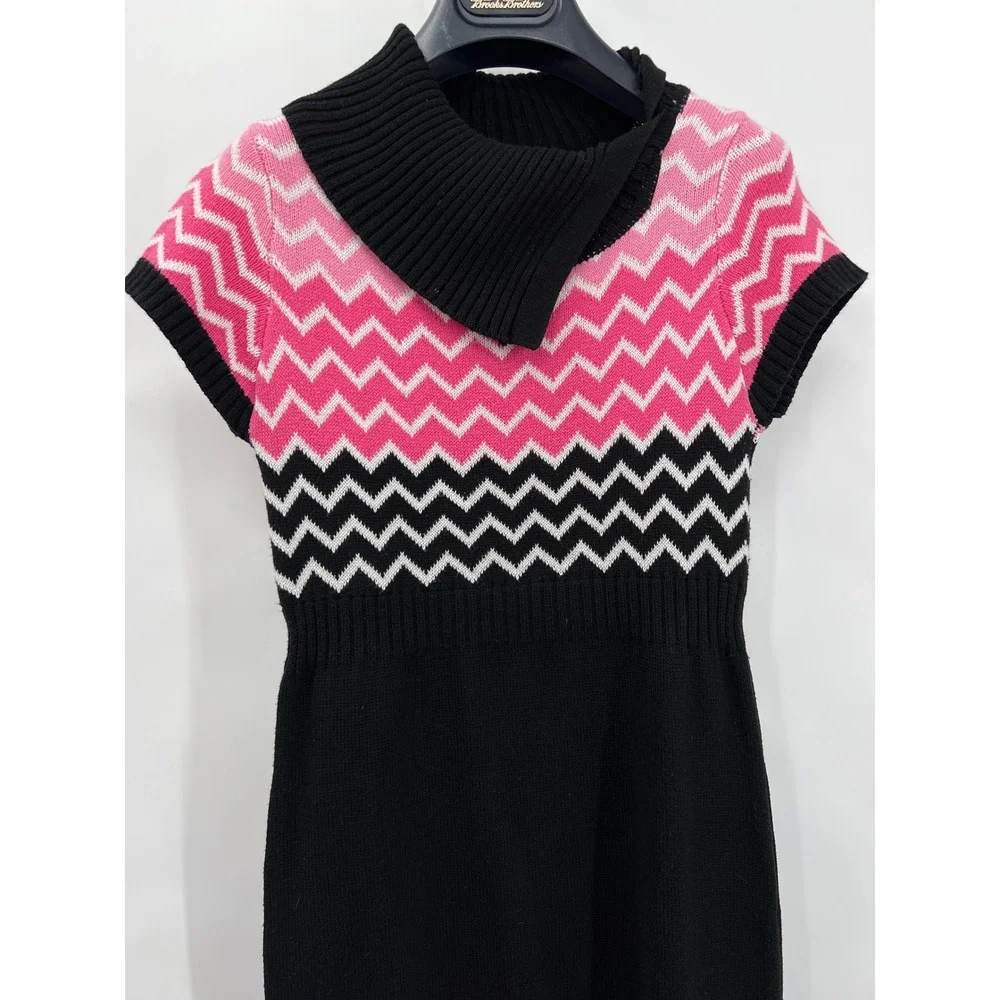 Girls Large Sweater Midi Dress Cap Sleeves Pink Black Geometric‎ Cotton Blend